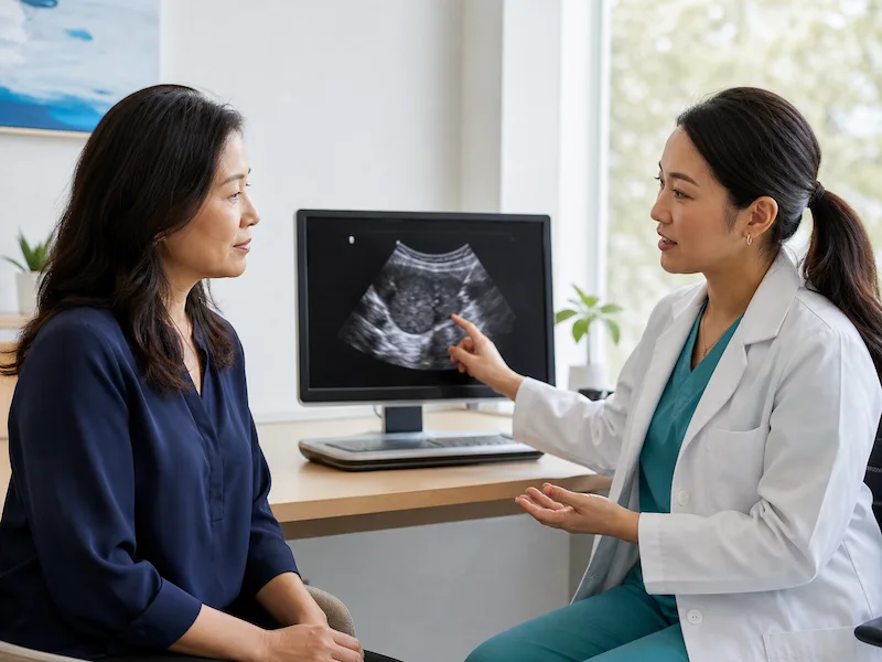 Clinician explaining a pelvic ultrasound during a pelvic congestion syndrome evaluation