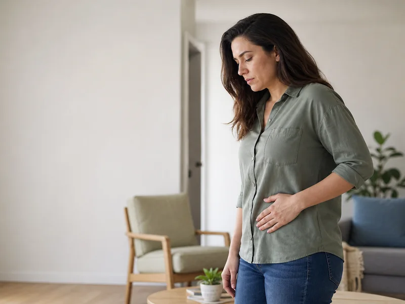 Woman holding her lower abdomen as pelvic pain worsens while standing