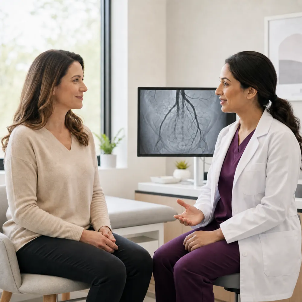 Doctor discussing gonadal vein embolization with a patient during a consultation