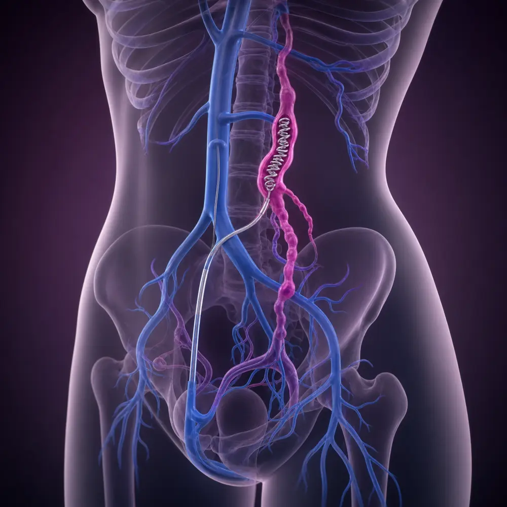 Anatomical illustration of pelvic and gonadal veins involved in pelvic congestion syndrome